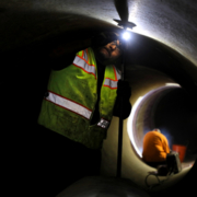 Once the liners are installed, they are welded together, grout is injected to fill the space between the liners and the original pipe, and cement mortar is applied on the inside of the steel liner. Photo: SDCWA