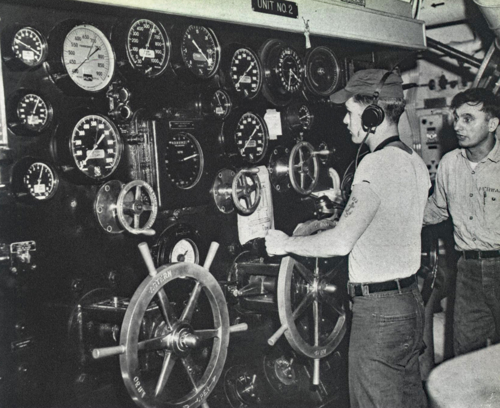 Four steam throttle boards such as this were the gas pedals aboard Midway. Sailors here in 1958 fed the proper amount of steam into the four turbines necessary for propulsion and a top reported speed of 30 knots per hour. That’s 34 miles an hour for the 65,000-ton aircraft carrier when active—fast enough to water ski behind Midway. Photo: Courtesy USS Midway Museum