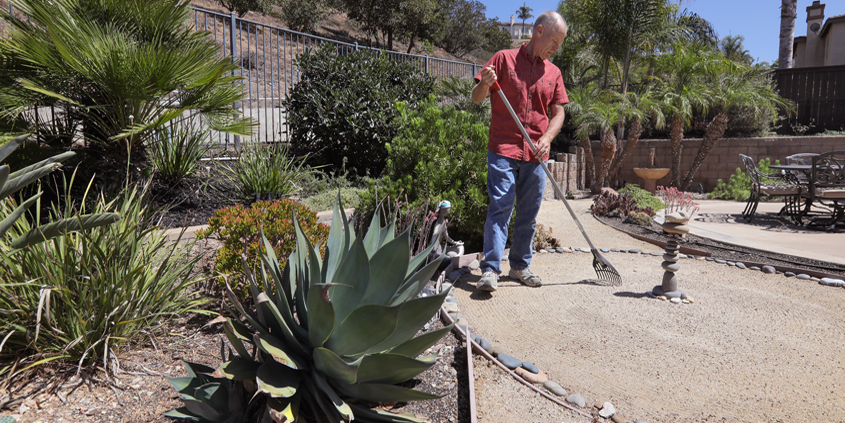 Jeff Moore rakes the zen garden included in his back yard landscape plot plan. Photo: San Diego County Water Authority