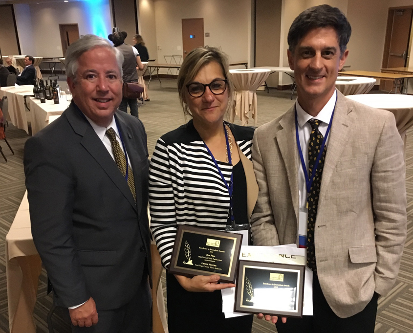 (L to R) Dennis Cushman, Assistant General Manager; Denise Vedder, Public Outreach and Conservation Director; and Mike Lee, Public Outreach and Conservation, accept their San Diego Press Club Journalism Awards. Photo: Water Authority