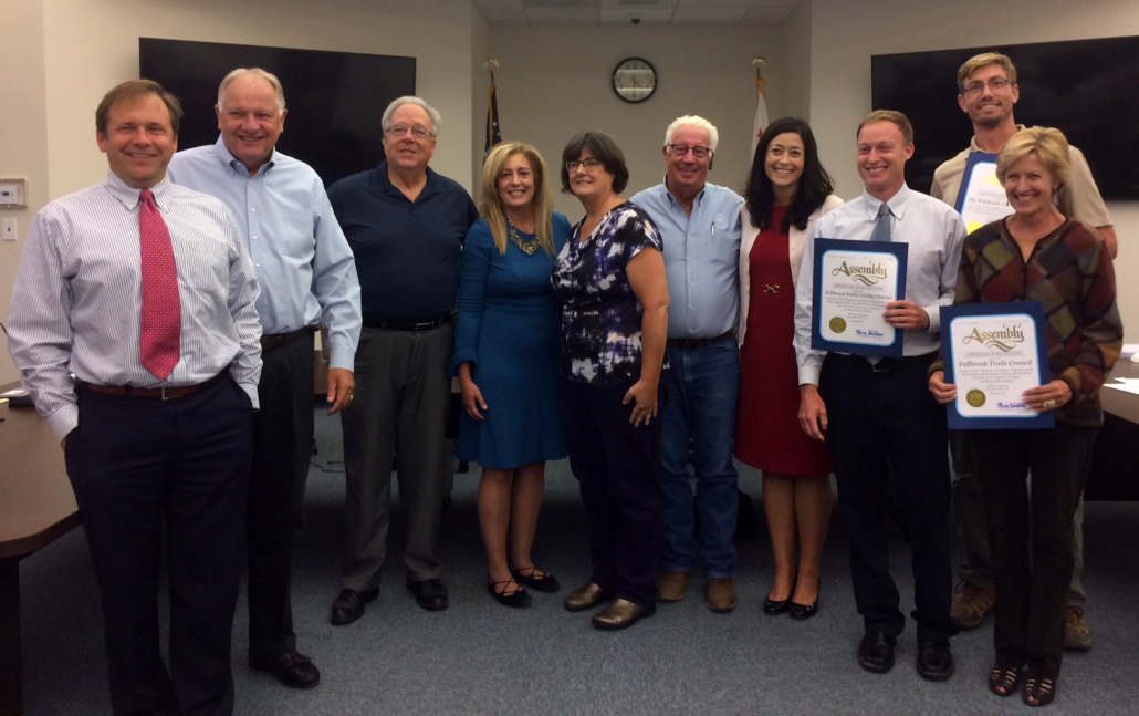 Assemblymember Marie Waldron presented the district’s board of directors with a certificate of recognition for successfully preserving the land. She also presented the Wildlands Conservancy and the Fallbrook Trails council with certificates. Photo: FPUD