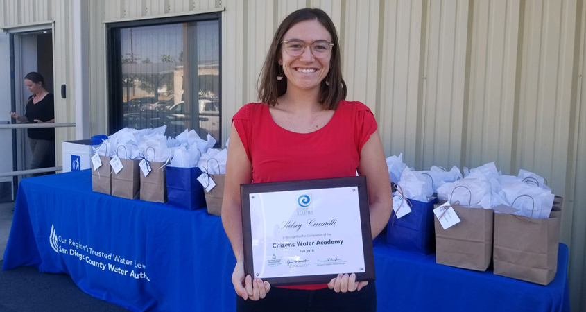 Kelsey Ceccarelli, the Citizens Water Academy's 500th graduate, displays her Certificate of Completion. Photo: Water Authority