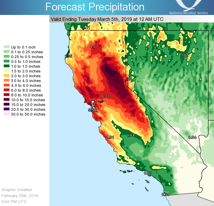 As a result of the atmospheric river weather phenomenon, California has experienced higher than average rainfall in water year 2019. Graphic: National Weather Service