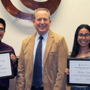 Alfred and Audrey Vargas with Water Authority Board Chair Jim Madaffer after they were awarded first place in the Greater San Diego Science and Engineering Fair for designing a device that could treat wastewater and generate electricity. Photo: Water Authority