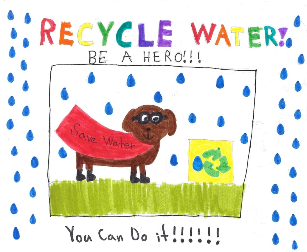 Sayla Egger’s first-place poster features a superhero pup and encourages people to conserve water by recycling it. Photo: OMWD