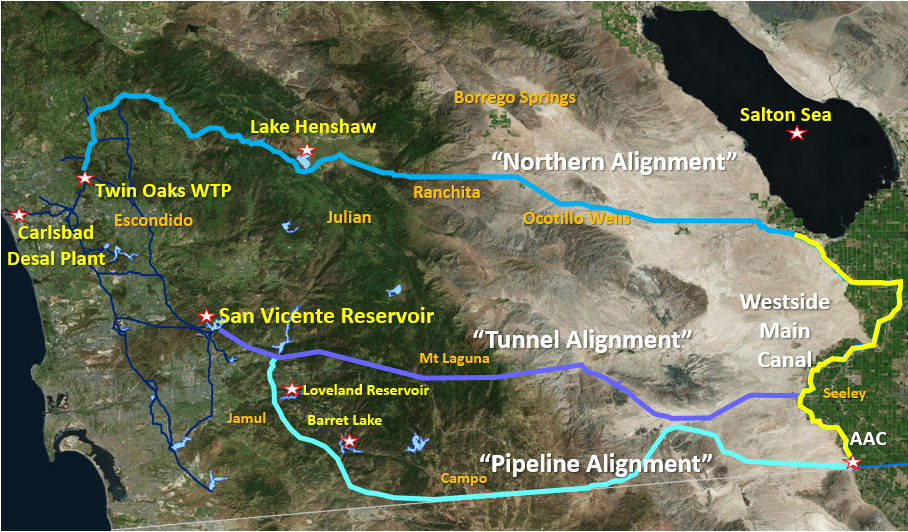 Graphic shows three proposed regional pipeline routes to deliver Colorado River Water