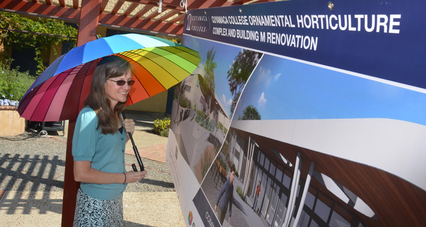 A banner depicts a rendering of the new Ornamental Horticulture complex when completed in 2022. Photo: Cuyamaca College