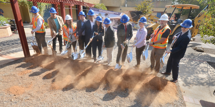 Cuyamaca College President Julianna Barnes (sixth from left) leads the official groundbreaking for the college's Ornamental Horticulture renovation project on August 22. Photo: Cuyamaca College