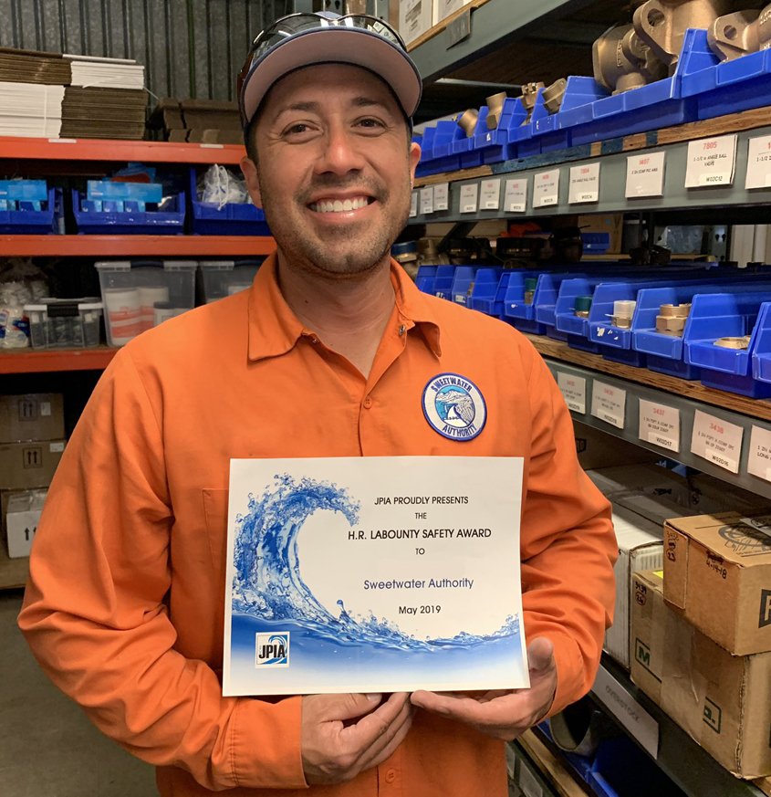 Sweetwater Authority Utility Worker II Julio Salazar displays his H.R. LaBounty Safety Award Sweetwater Authority employeerecognition certificate from the Association of California Water Agencies. Photo: Sweetwater Authority 