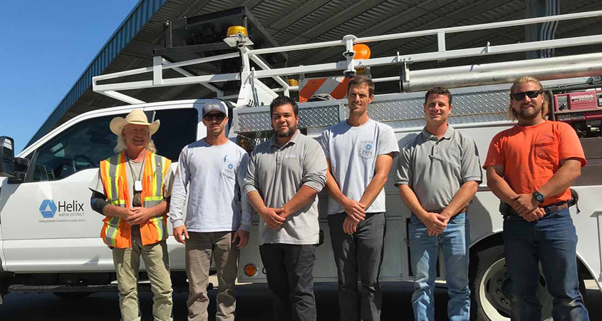 (L to R) Helix WD employees John Wilson, Eric Hughes, Dan Baker and Bryan Watte, and Padre Dam MWD workers Jesse Knowles and Austin Darley. Photo: Helix Water District Paradise Irrigation District
