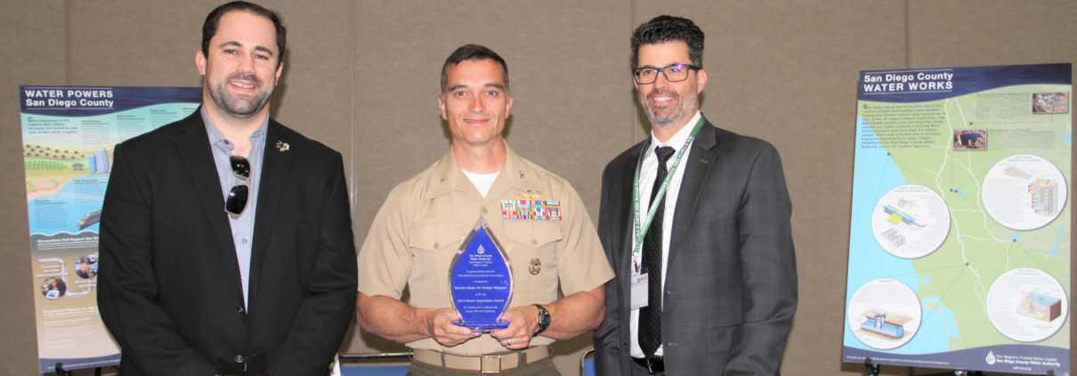 Marine Corps Air Station Miramar embarked on a water conservation program about a decade ago and, through a $6 million investment, decreased its potable water use by more than 40% since 2007. (Left to right: Mick Wasco, MCAS Miramar Utilities & Energy Management Branch Head; MCAS Miramar Commanding Officer Charles B. Dockery; Gary Bousquet, Water Authority Deputy Director of Engineering). Photo: Water Authority