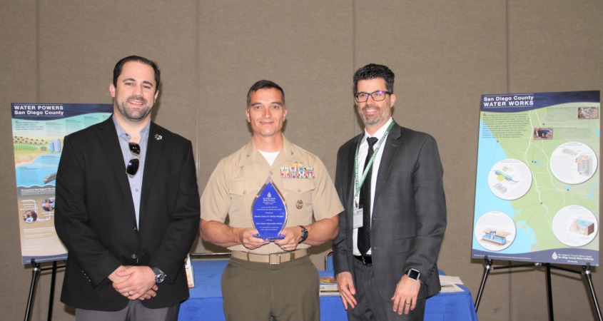 Marine Corps Air Station Miramar embarked on a water conservation program about a decade ago and, through a $6 million investment, decreased its potable water use by more than 40% since 2007. (Left to right: Mick Wasco, MCAS Miramar Utilities & Energy Management Branch Head; MCAS Miramar Commanding Officer Charles B. Dockery; Gary Bousquet, Water Authority Deputy Director of Engineering). Photo: Water Authority