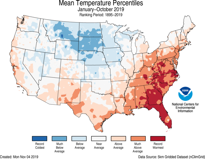 NOAA reported that California has had above-to much-above-average temperatures from January to October 2019.