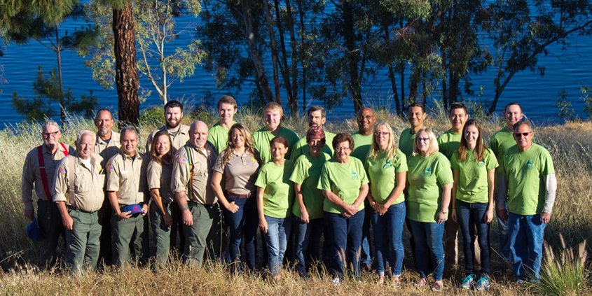 Lake Jennings staff including Recreation Manager Kira Haley (front row, fifth from left) rely on their dedicated volunteers including Lori Stangel (front row, sixth from left). Photo: Helix Water District
