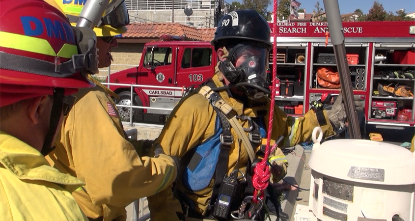 A firefighter prepares to access the Meadowlark Reclamation Facility as part of confined space training drills conducted with the Vallecitos Water District. Photo: Vallecitos Water District