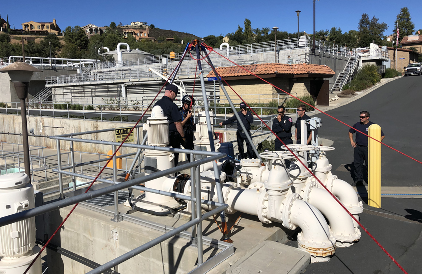 Firefighters are briefed on scene at the Meadowlark Reclamation Facility as part of confined space training drills conducted with the Vallecitos Water District. Photo: Vallecitos Water District