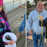 Two of the many happy Kids Fishing Day participants show off their catches. Photo: Lake Jennings