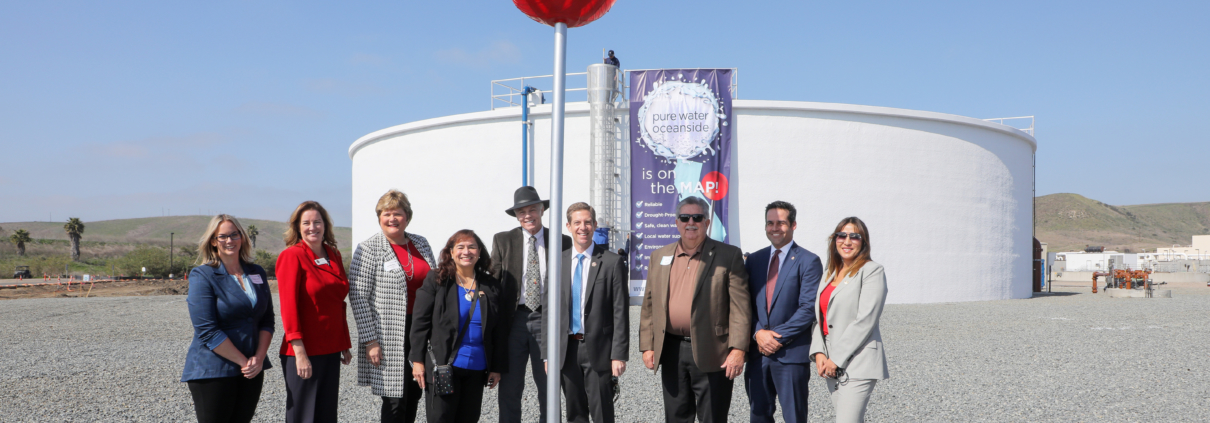 During today’s ceremony, city leaders and water experts placed a giant Google Maps “location pin” into the ground at the San Luis Rey Water Reclamation Facility, which marked that the new recycled water project is now officially on the map. Photo: San Diego County Water Authority