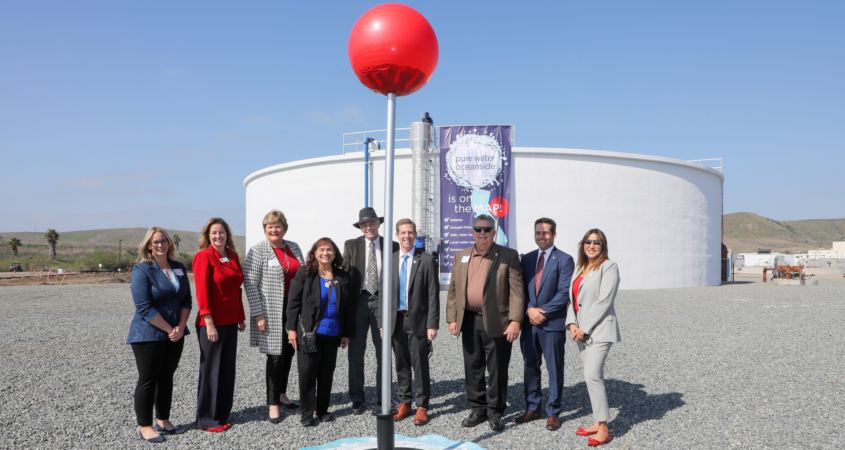 During today’s ceremony, city leaders and water experts placed a giant Google Maps “location pin” into the ground at the San Luis Rey Water Reclamation Facility, which marked that the new recycled water project is now officially on the map. Photo: San Diego County Water Authority