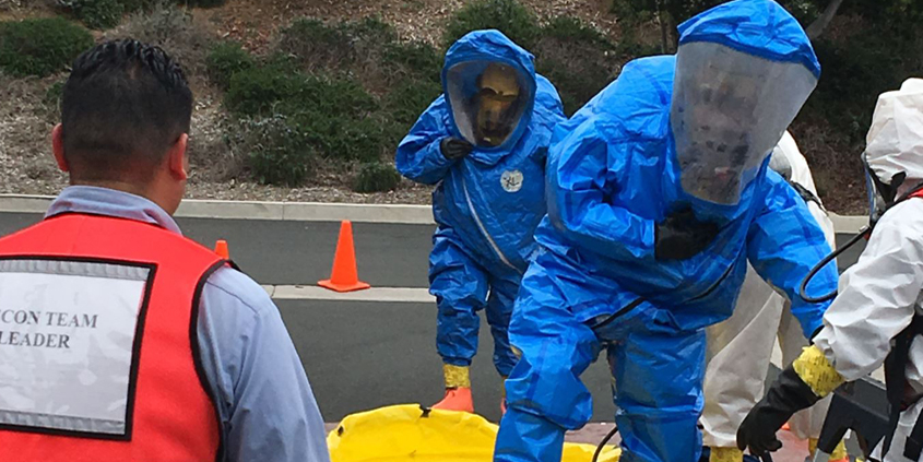 Vallecitos Water District HAZMAT Team members go through the decontamination process as part of a recent training drill. Photo: Vallecitos Water District