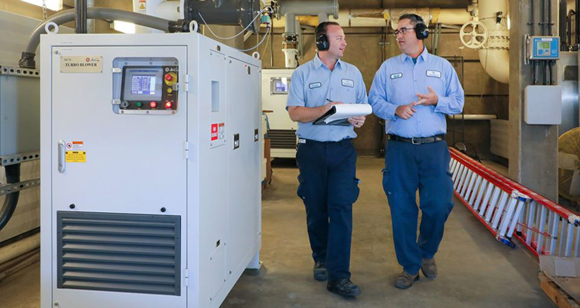 Vallecitos Water District waterwater technicians Matt Wiess and Chris Deering at the Meadowlark Water Reclamation Facility. Photo: Vallecitos Water District employees