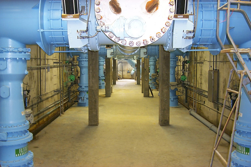 Pipes carrying water through the treatment process at the Alvarado Water Treatment Plant. Photo: City of San Diego