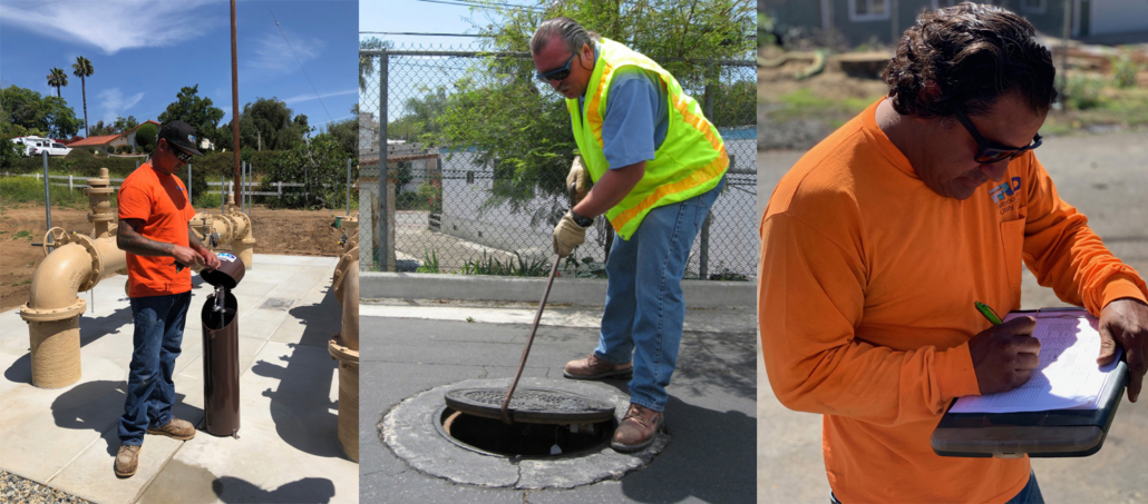 (L to R): Fallbrook PUD Utility Technician Toby Stoneburner, Collections Supervisor Kyle Drake, and Utility Worker II Matt Perez remain at work maintaining vital water systems. Photo: Fallbrook PUD