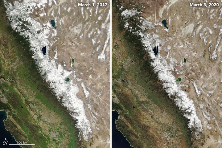 Sierra Nevada Snowpack Comparison-NASA satellite image-WNN-April 2020