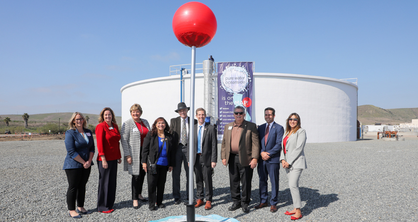 Oceanside city leaders and water experts placed a giant Google Maps “location pin” into the ground at the San Luis Rey Water Reclamation Facility in February, which officially marked the new recycled water project on the map. Photo: San Diego County Water Authority Oceanside wins