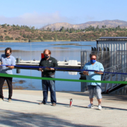 (L to R): Director DeAna Verbeke, Board President Mark Gracyk, Director and Parks, Land, Lakes and Garden Committee Chair Dan McMillan, Director and Parks, Land, Lakes and Garden Committee ViceChair Joel Scalzitti, and Director Kathleen Hedberg cut the ribbon for the new Lake Jennings Boat Dock on Monday, August 31. Photo: Helix Water District