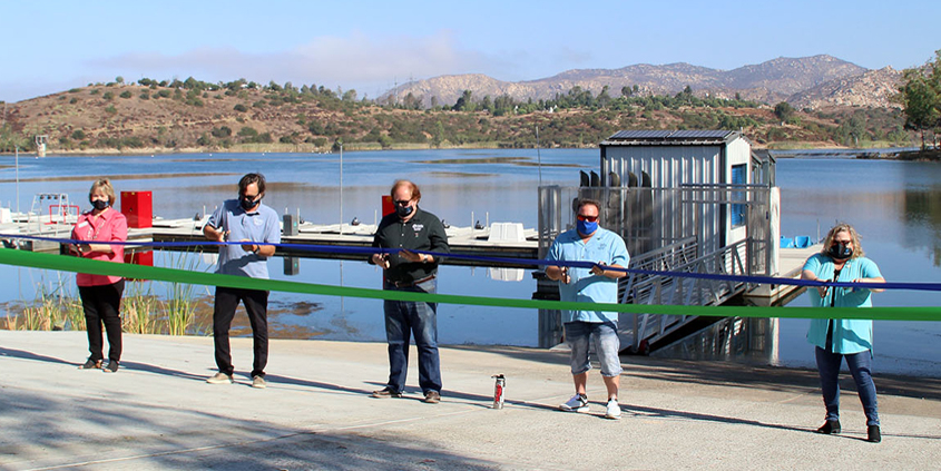 (L to R): Director DeAna Verbeke, Board President Mark Gracyk, Director and Parks, Land, Lakes and Garden Committee Chair Dan McMillan, Director and Parks, Land, Lakes and Garden Committee ViceChair Joel Scalzitti, and Director Kathleen Hedberg cut the ribbon for the new Lake Jennings Boat Dock on Monday, August 31. Photo: Helix Water District