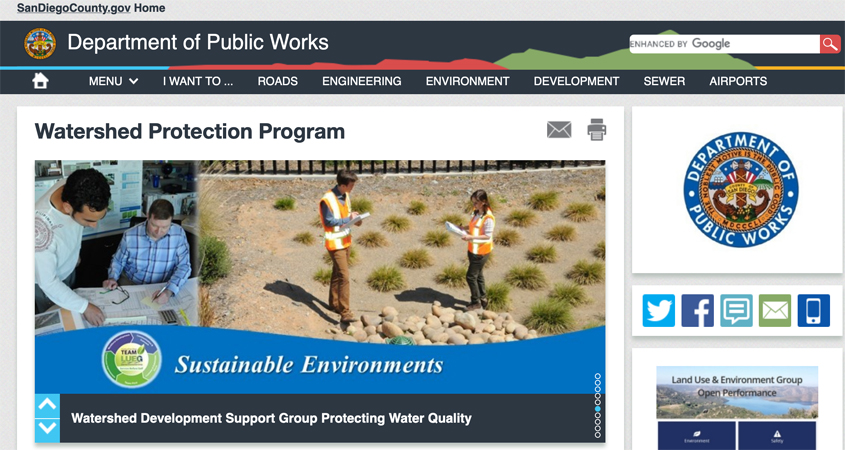 The County of San Diego’s Watershed Protection Program in the Department of Public Works has created a webpage with useful information and photos to educate the public and assist in preventing watershed damage. Program Coordinator Christine A. Tolchin, QSD, QISP, CPESC says new information is added monthly. Photo: SDCounty.gov