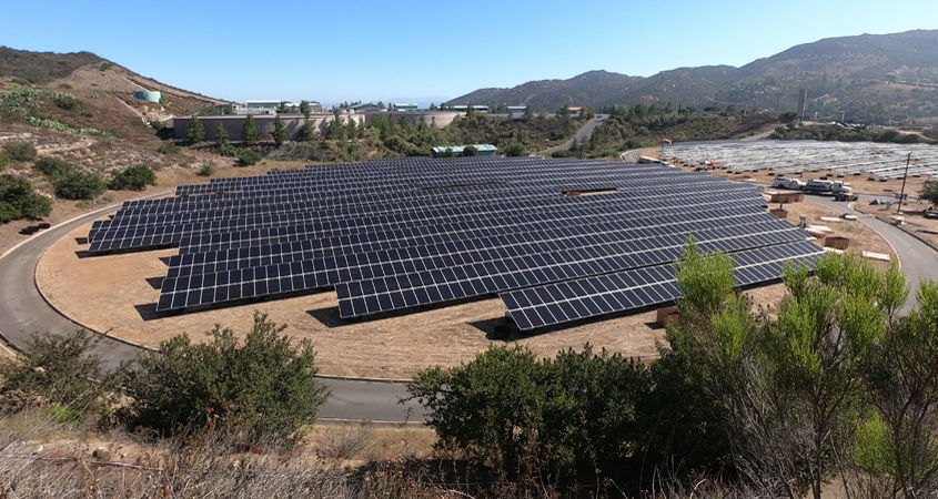 The Vallecitos Water District Twin Oaks Reservoir dual solar panel array is expected to be completed in November 2020. Photo: Vallecitos Water District Solar Project