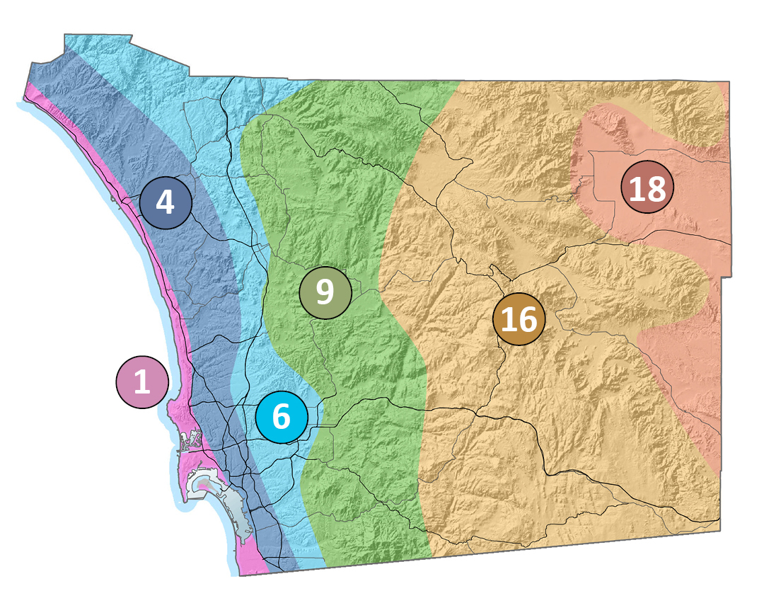 San Diego County's geography falls within six of the 24 CIMIS climate zones. Photo: CIMIS match your climate zone