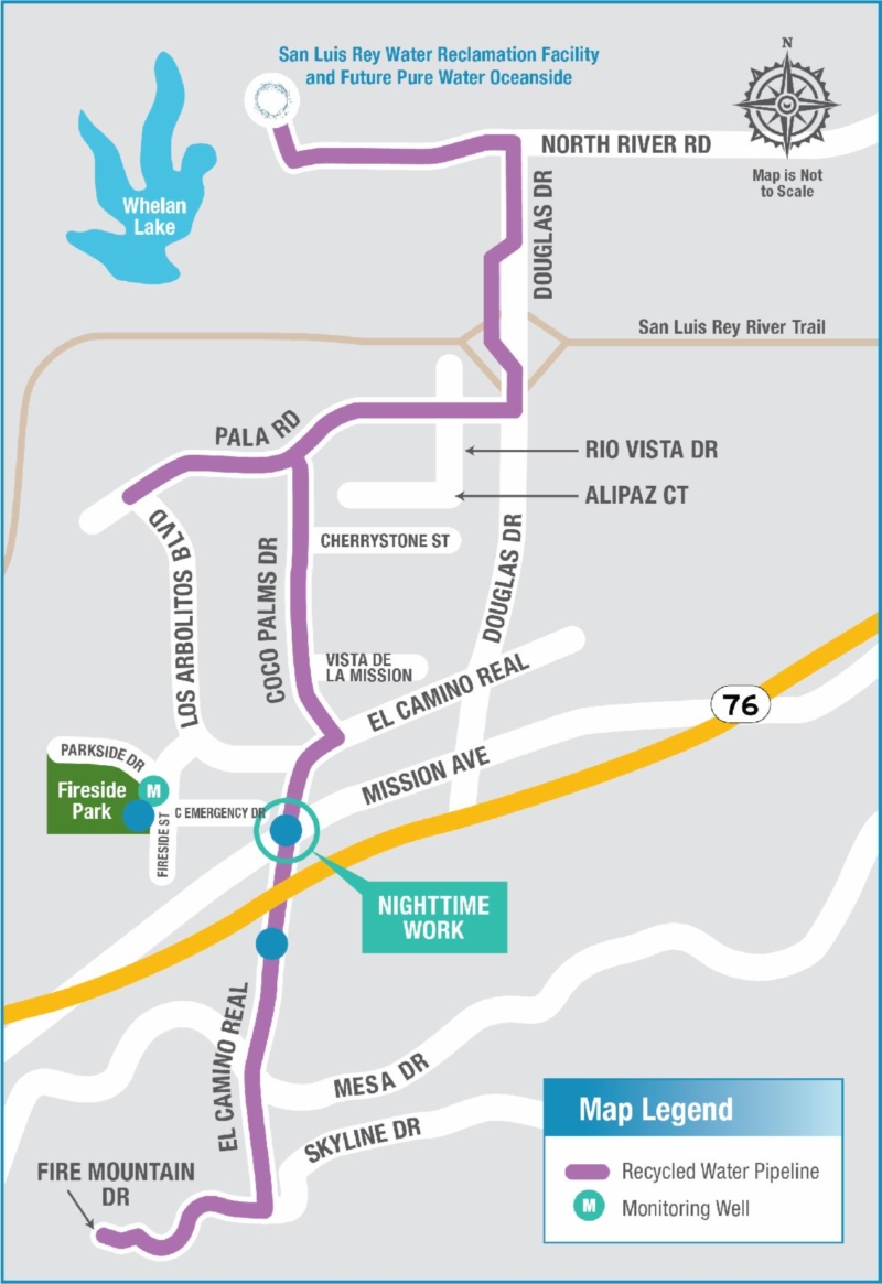 Work on the south side of Coco Palms Drive near the El Camino Real intersection begins this month. Parking in the area will be closed during this work period with "no parking" signs posted. Map: City of Oceanside