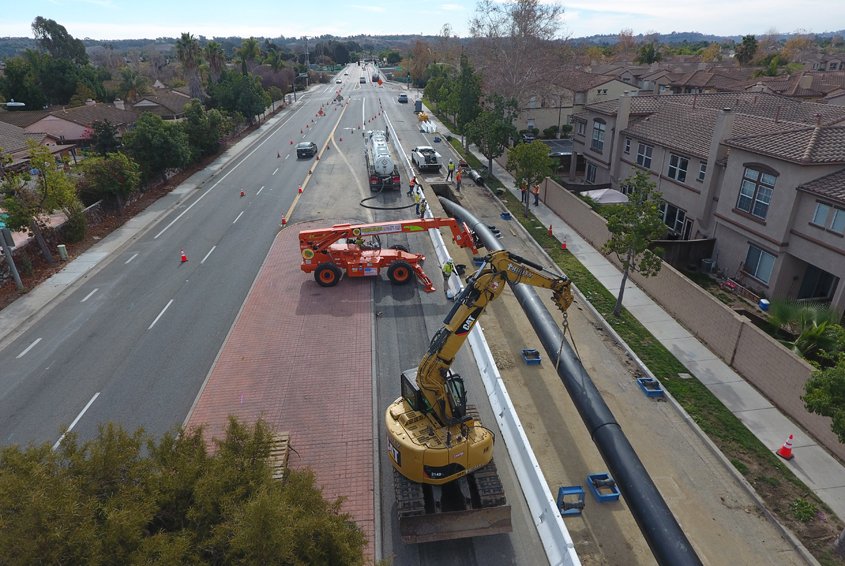 An overhead look at pipeline installation along Douglas Drive in Oceanside for Pure Water Oceanside project. Photo: Jeremy Kemp, City of Oceanside