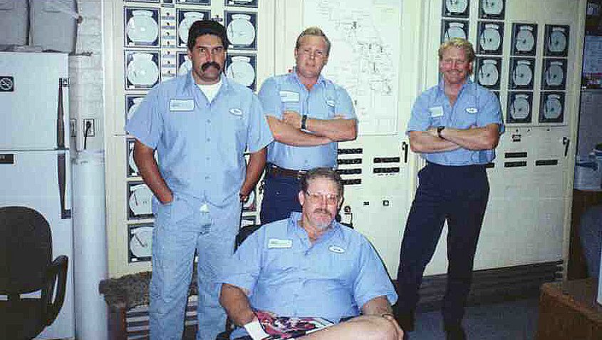 Ed Pedrazzi (far right) in 1996 with brother Jon Sherwood (second from right) and Vallecitos Water District employees Joe Lomeli and Rocky Eltzroth. Photo: Courtesy Ed Pedrazzi family ties