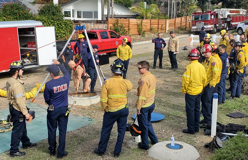 Participants from North County fire agencies benefitted from the opportunity for team building during their recent training exercise hosted by the Olivenhain Municipal Water District. Photo: Olivenhain Municipal Water District confined space rescues