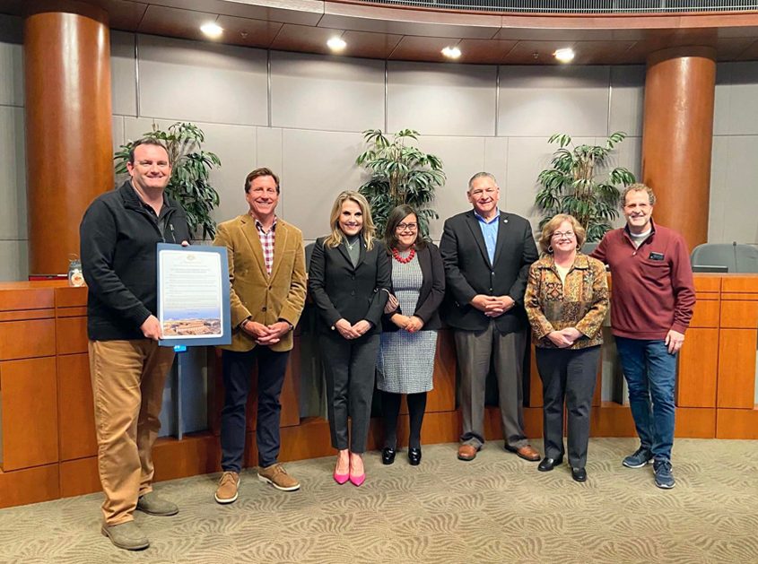 (L to R): Vallecitos Water District Board President Mike Sannella, San Marcos City Councilmember Randy Walton, Mayor Rebecca Jones, Councilmembers Maria Nunez, Ed Musgrove, and Sharon Jenkins, and Vallecitos Water District Board Jim Pennock. Photo: Vallecitos Water District Hydration stations