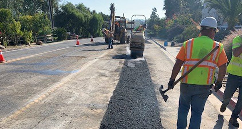 Crews complete the final backfilling and repaving of the excavation area on Manchester Avenue required to facilitate the new pipeline installation. Photo: Olivenhain Municipal Water District