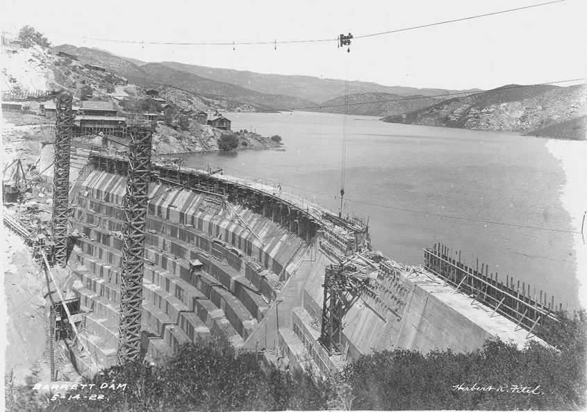 Barrett Dam was completed in 1922 and named after George Barrett who owned the land at one time at the confluence of Cottonwood and Pine Valley Creeks. Photo: City of San Diego Barrett Reservoir