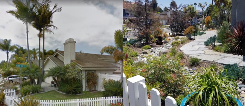 Before and after view of Mike and Cathy Godfrey's award-winning landscape design. Photo: Olivenhain Municipal Water District