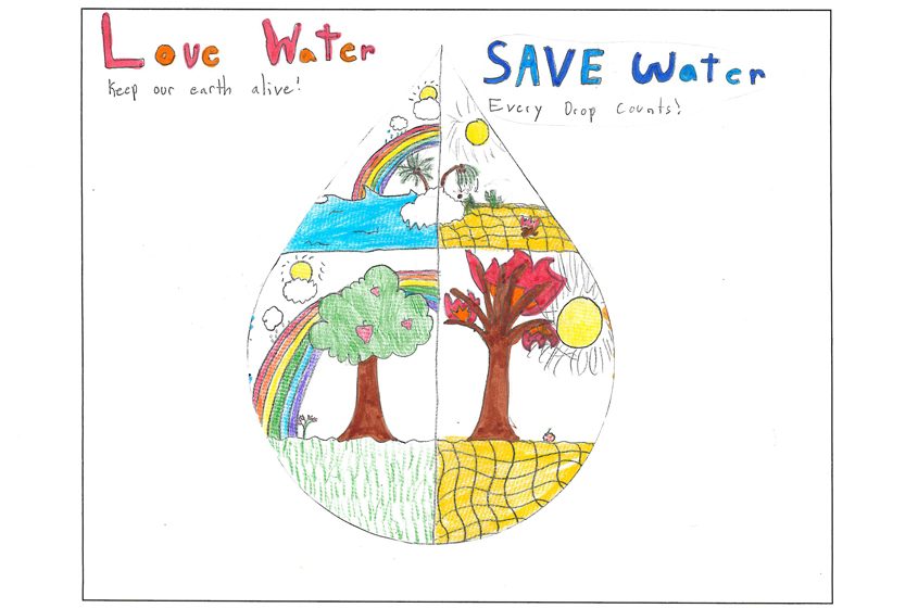 Ariana Lemle, Flora Vista Elementary School: Ariana’s poster featured a large drop of water illustrating four different natural landscapes dependent on water. Photo: Olivenhain Municipal Water District OMWD Water Awareness Poster