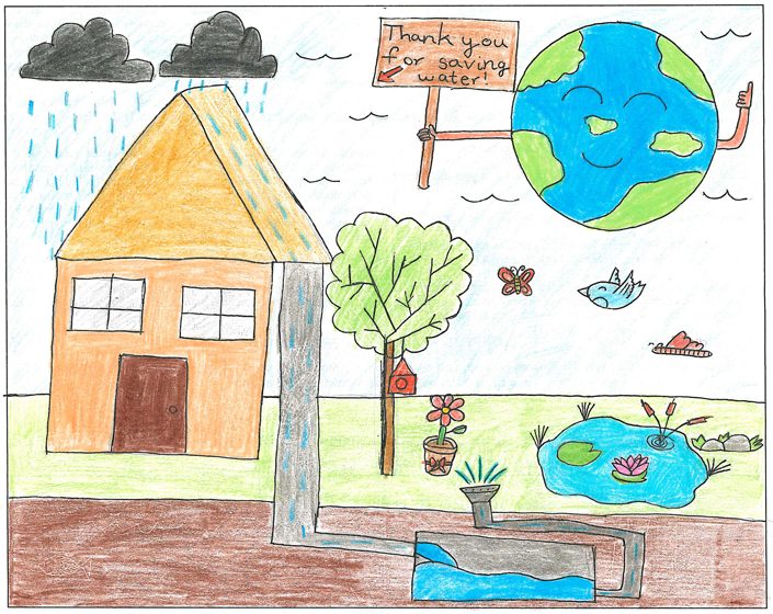 Indira Jayanti, Stone Ranch Elementary School: Indira’s poster depicts her creative interpretation of rainwater harvesting. Photo: Olivenhain Municipal Water District