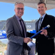 Former Padre Dam Muncipal Water District CEO/General Manager Allen Carlisle (left) passes a symbolic baton to his recently appointed successor, Assistant CEO/GM Kyle Swanson. Photo: Padre Dam Municipal Water District Kyle Swanson appointed