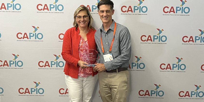 Director of Public Affairs Denise Vedder and Public Affairs Manager Mike Lee with the EPIC Award for the Water Authority’s “Drought Safe San Diego” public outreach campaign. Photo: Ed Joyce EPIC Awards