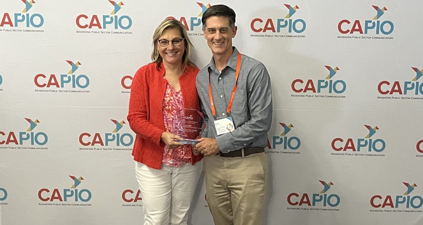 Director of Public Affairs Denise Vedder and Public Affairs Manager Mike Lee with the EPIC Award for the Water Authority’s “Drought Safe San Diego” public outreach campaign. Photo: Ed Joyce EPIC Awards