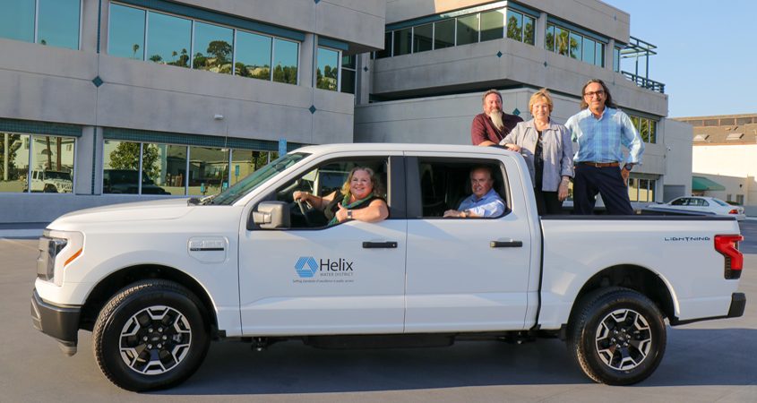 Helix Water District Board of Directors in the district’s new all-electric, zero-emission, Ford F-150 Lightning pickup truck. Driver’s seat: Board President Kathleen Coates Hedberg. Backseat: Director Dan McMillan. Back of the truck: Directors Joel Scalzitti, De Ana Verbeke and Mark Gracyk. Photo: Helix Water District sustainability