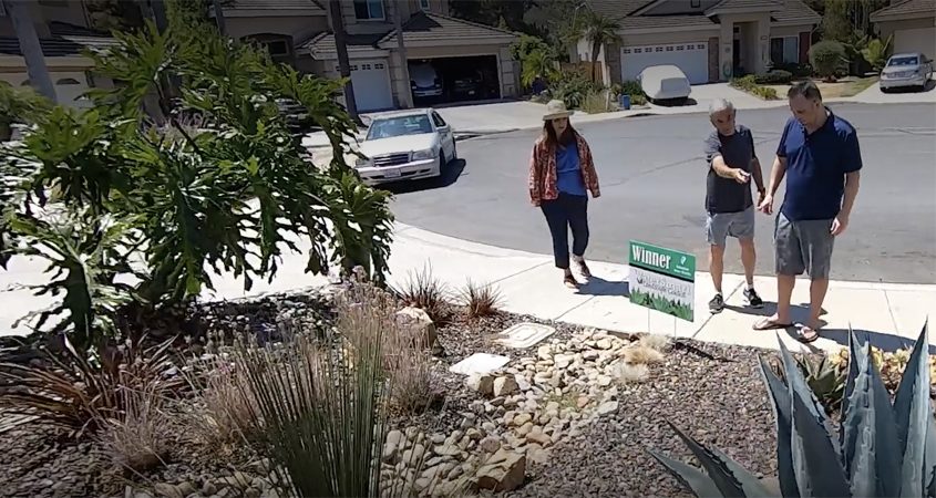 UCCE Master Gardener Lisa Urabe views the bioswale installed by the Delaplanes. Photo: Vallecitos Water District