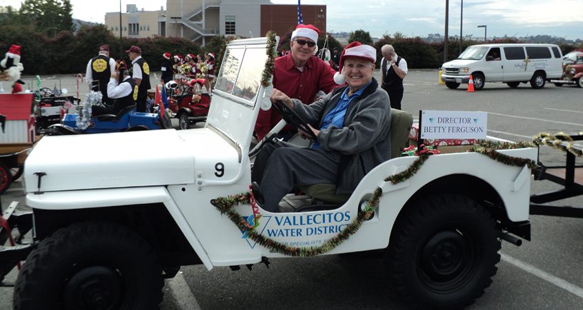 History on wheels rolls into the Vallecitos Water District when a 1947 Jeep becomes a museum display named for longtime board member Betty Ferguson. Ferguson is behind the wheel at the 2010 San Marcos Christmas Parade. Photo: Vallecitos Water District